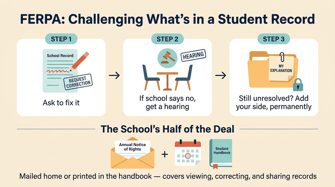 Infographic showing FERPA's 3-step record correction process and schools' annual notice duties using flat icons and clear labels.