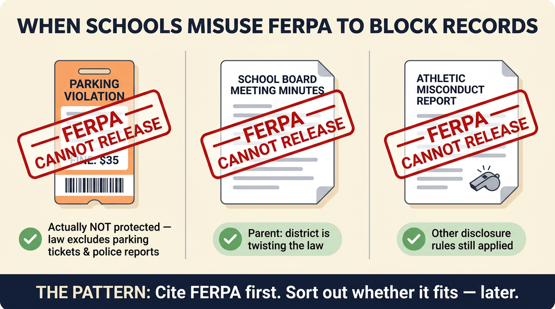 Infographic showing FERPA does not block parking tickets, meeting minutes, or misconduct reports despite misuse.
