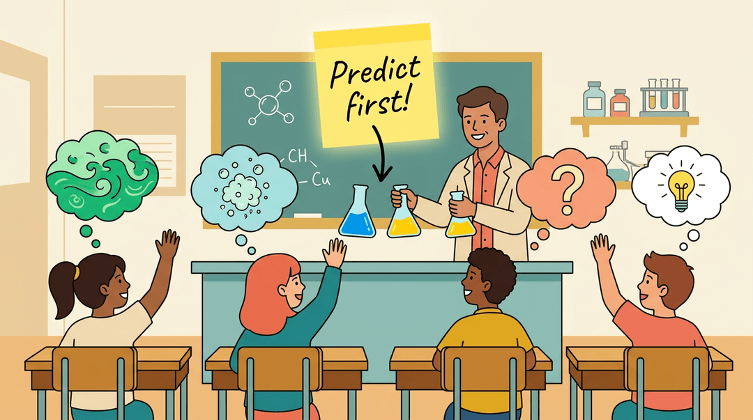 A chemistry teacher mixes beakers while diverse students guess the result, with a sticky note reading 'Predict first!