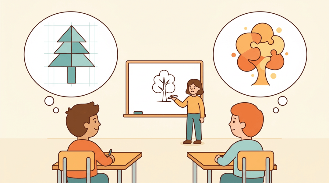 Two students view the same lesson but visualize it differently: one sees a structured geometric model, the other an organic intuitive shape.