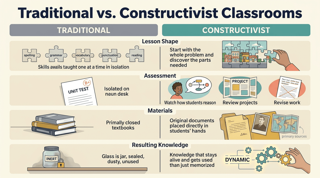 A comparison chart contrasting traditional and constructivist classrooms across lesson shape, assessment, materials, and knowledge results.