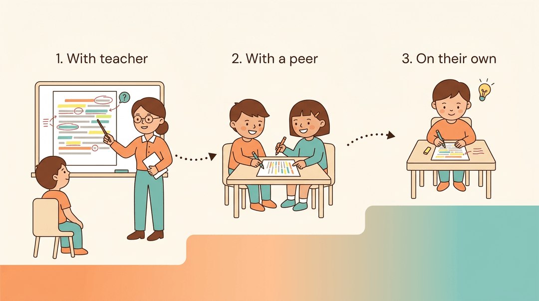 Three panels show a child moving from teacher support to peer collaboration and finally independent annotation.