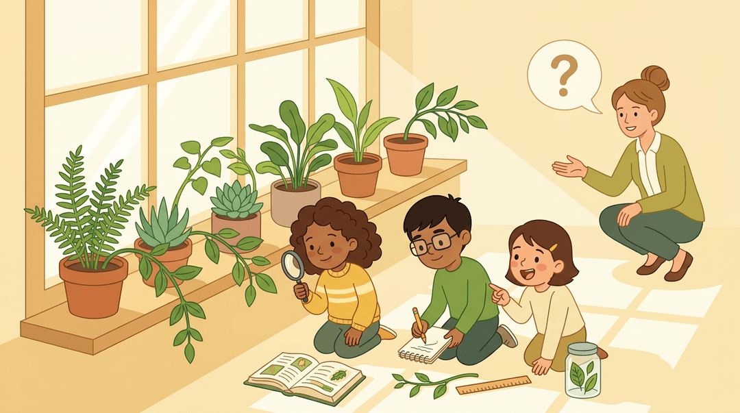 Diverse students explore sunlit plants with tools while a teacher asks questions nearby.