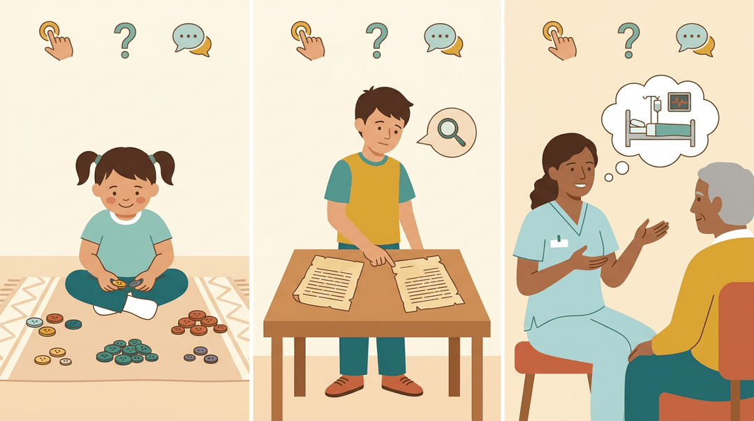 Three panels show learning through experience: a child sorting buttons, a student analyzing documents, and a nurse discussing care with a mentor.
