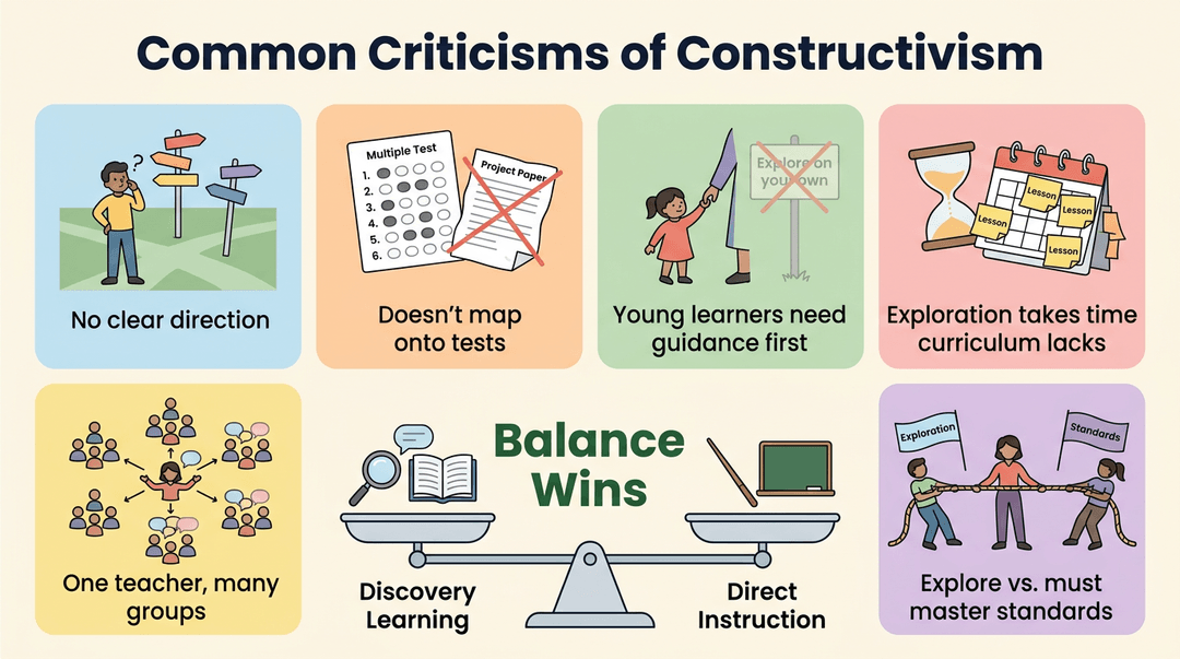 Infographic showing six criticisms of constructivism and a balance scale comparing discovery learning to direct instruction.