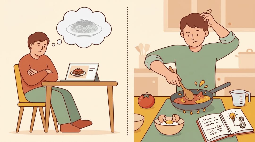 Side-by-side comparison of passive observation versus active cooking trial with visual cues for understanding.