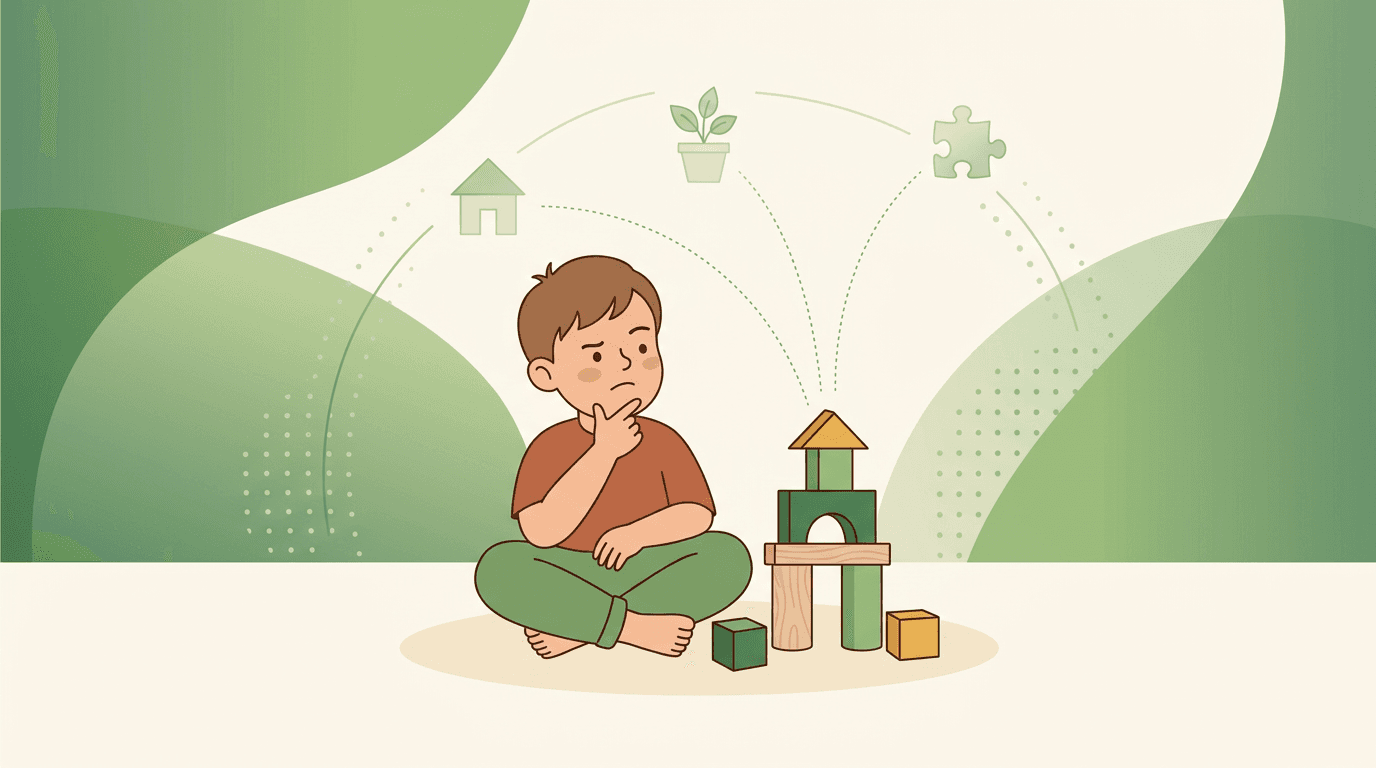 Child builds a block tower from icons of prior knowledge, symbolizing constructivist learning.