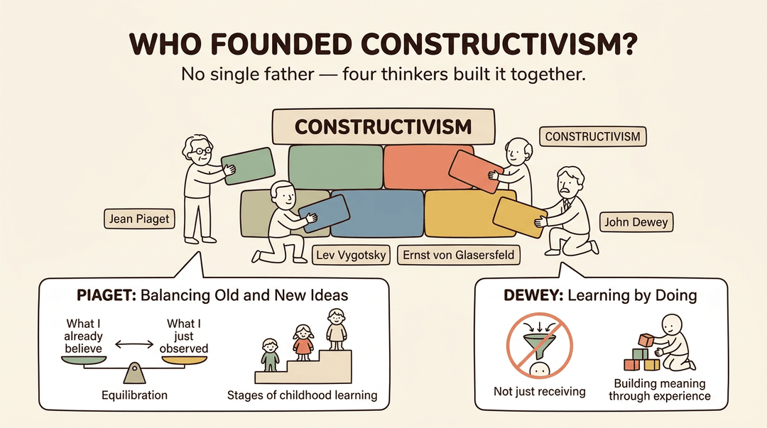 Illustration showing Piaget, Vygotsky, von Glasersfeld, and Dewey collaboratively building constructivism, with details on Piaget's equilibration and Dewey's experiential learning.