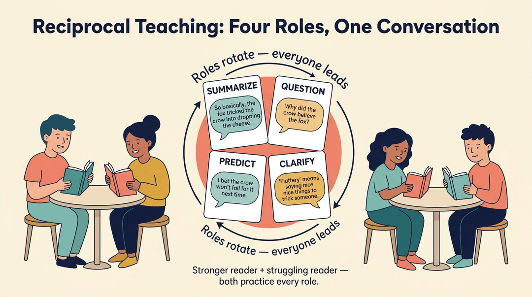 Reciprocal teaching illustration showing two students rotating through Summarize, Question, Clarify, and Predict roles.