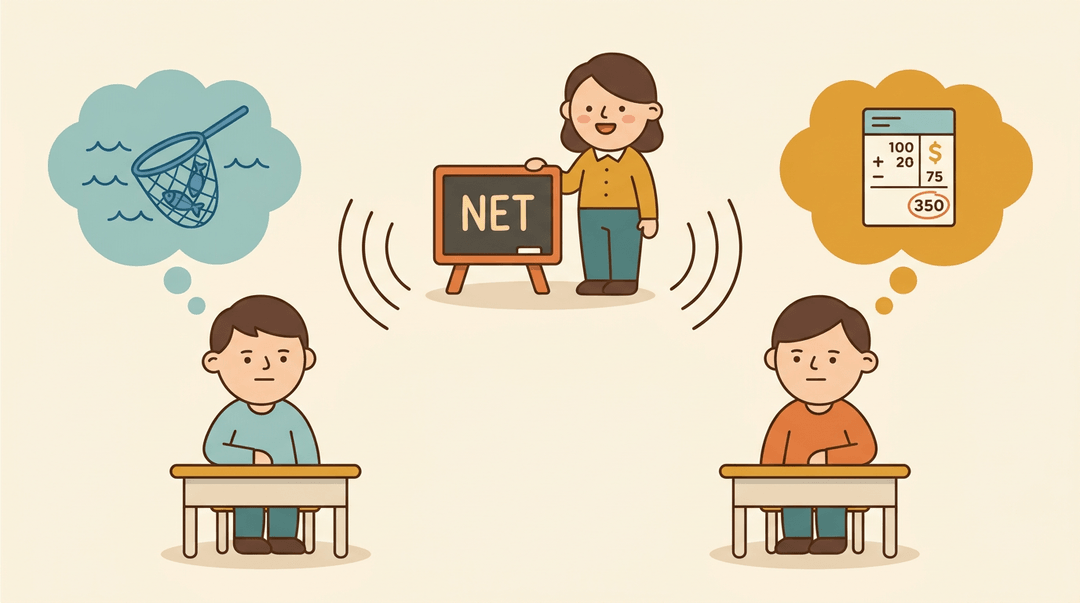 A teacher explains 'net' while students think of fishing nets or financial totals, illustrating the word's dual meanings.