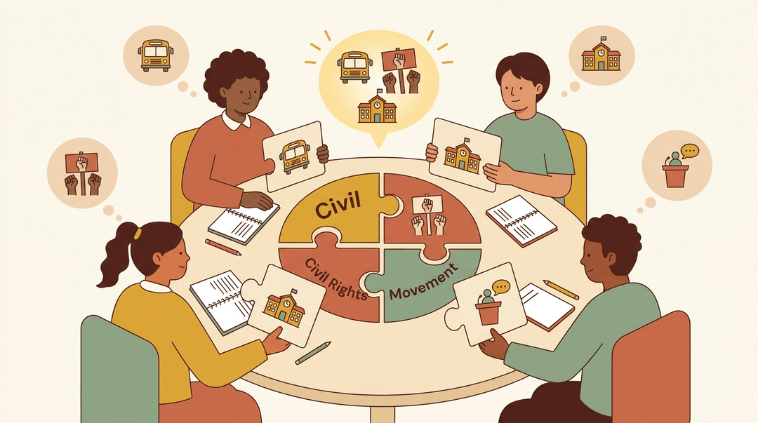 Four diverse students place puzzle-piece cards on a table, combining icons to form a unified Civil Rights Movement timeline.