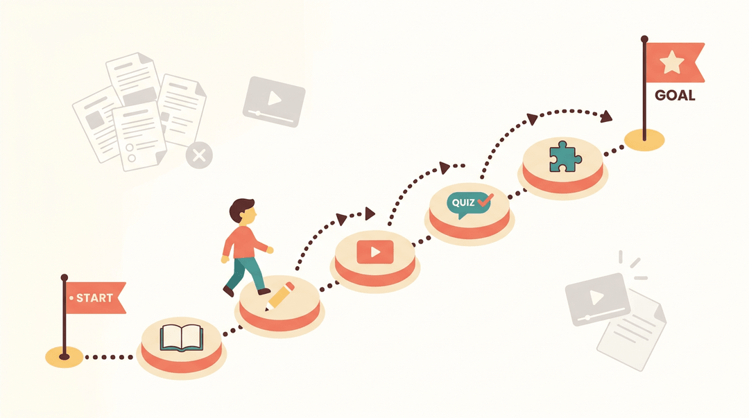 A student walks a dotted path from start to goal, passing icons for books and quizzes, while disconnected materials fade in the background.