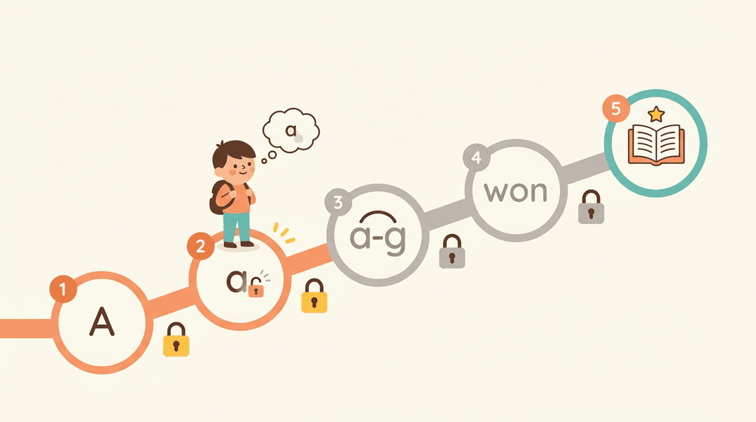 A child on a phonics path with locked steps and icons showing letter blending, words, and books.