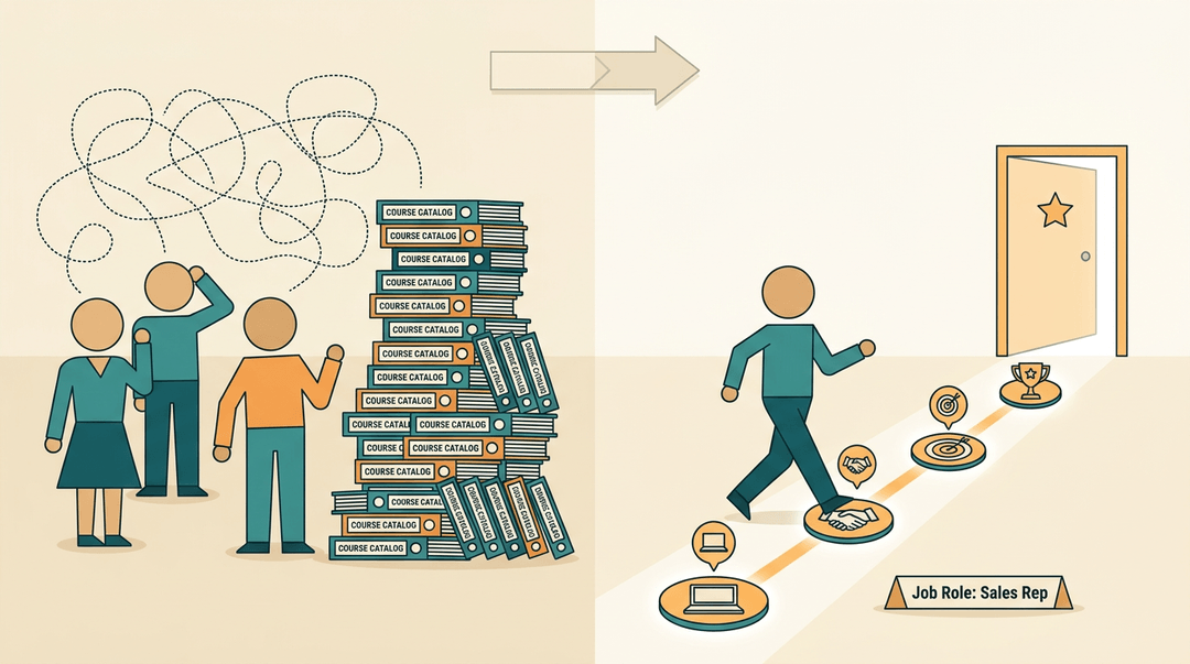 A vector illustration contrasting chaotic generic training with a clear, step-by-step onboarding path for a new sales employee.