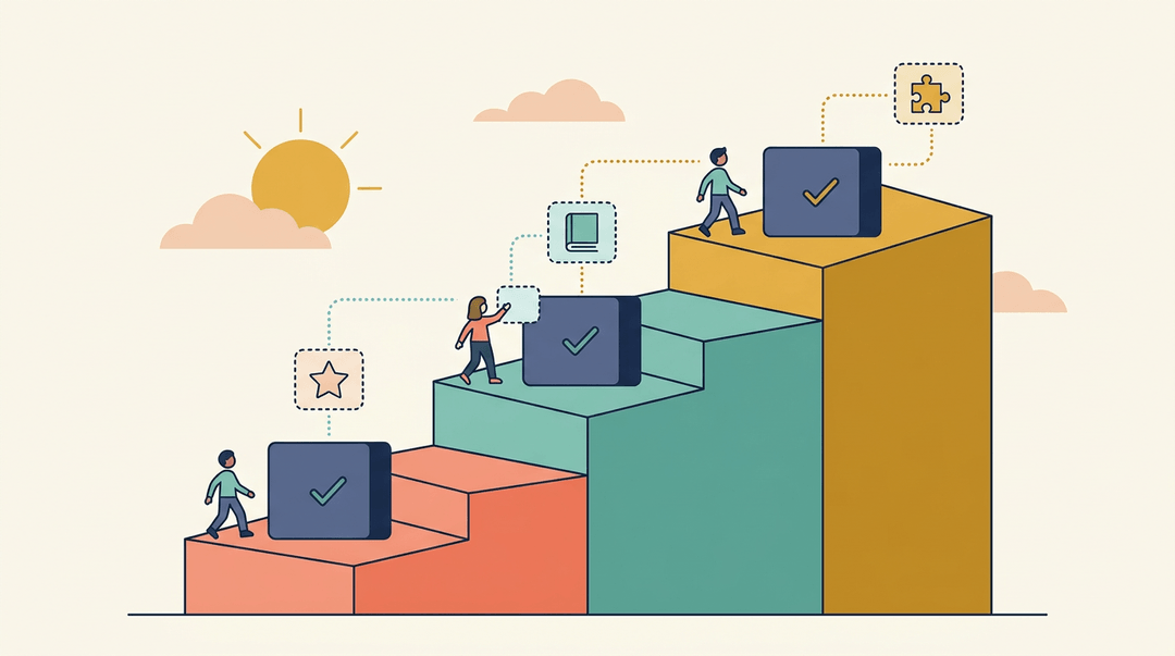 Staircase with core blocks and optional choices, showing students climbing with different paths.