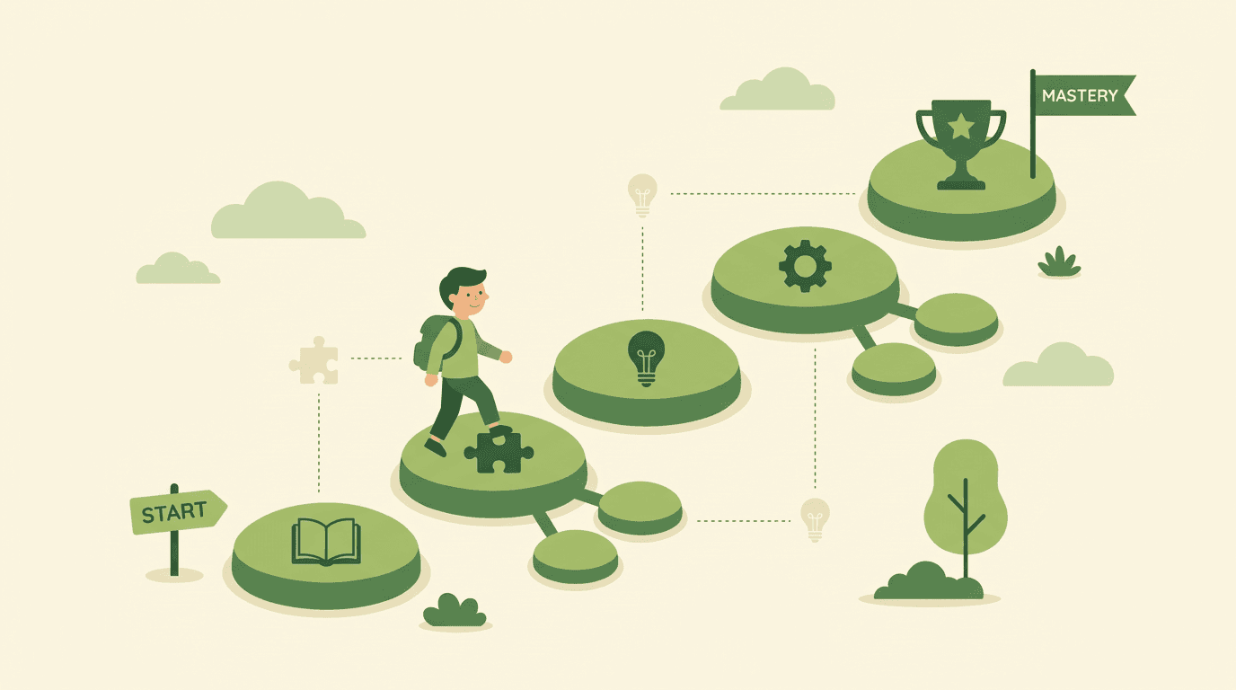 A student walks up stepping stones with icons toward a mastery flag, symbolizing a structured learning journey.