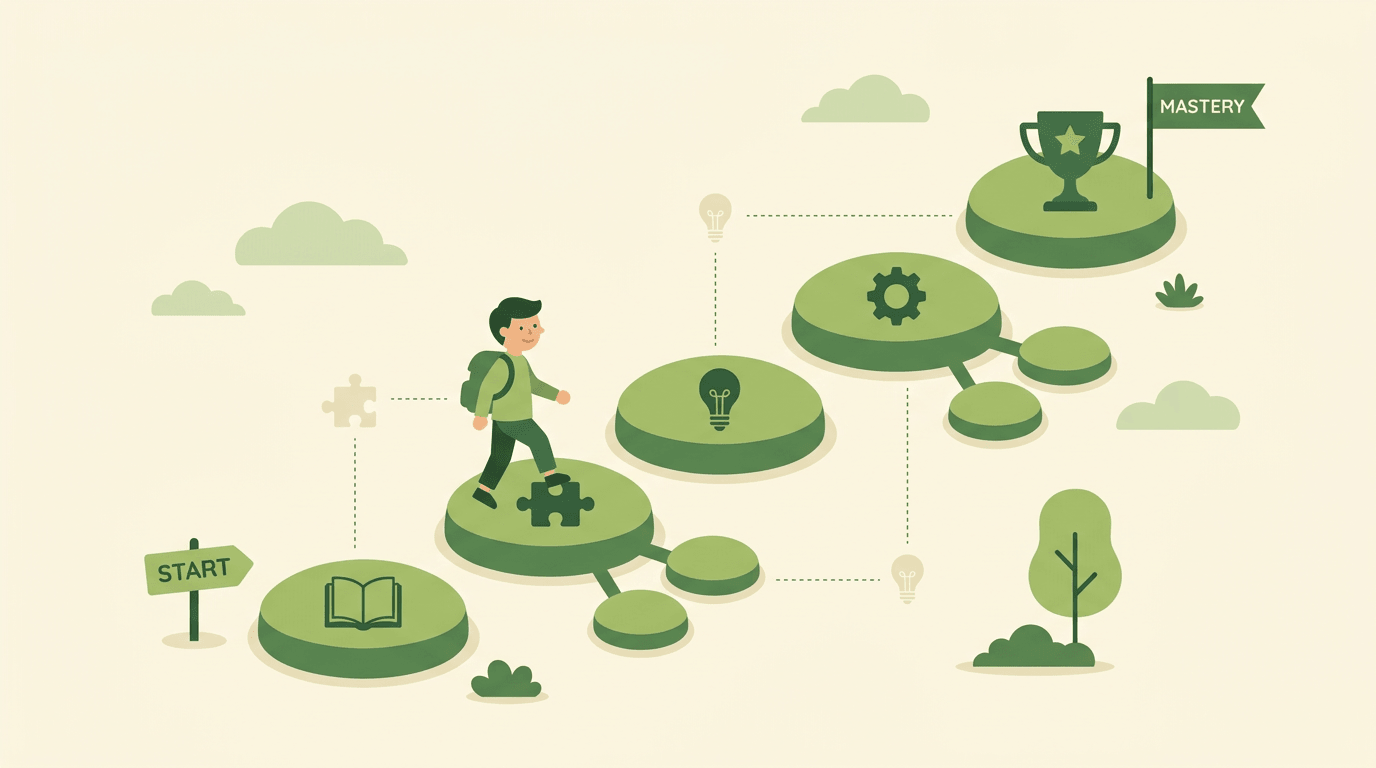 A student walks up stepping stones with icons toward a mastery flag, symbolizing a structured learning journey.