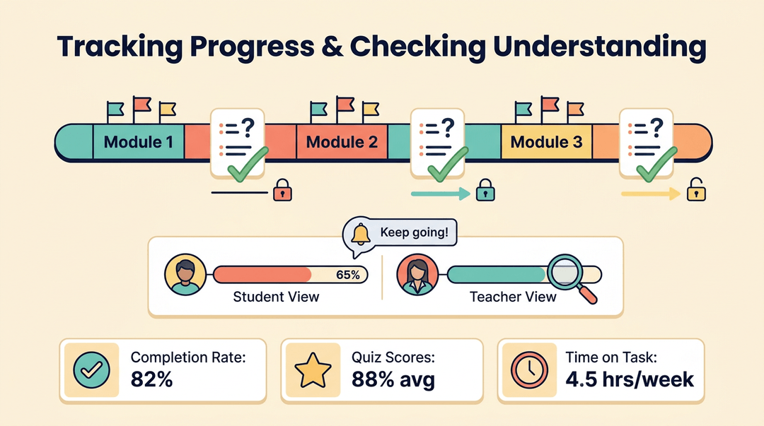 Infographic showing a learning path with checkpoints, teacher-student dashboards, and KPIs for tracking progress.
