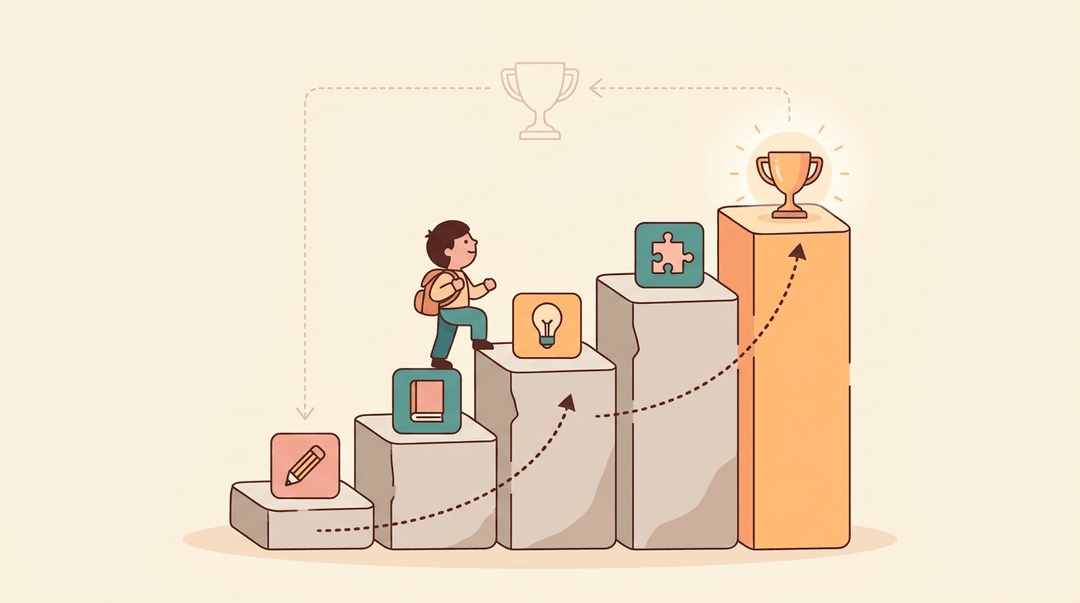 A child climbs illustrated steps with icons toward a trophy, showing backward planning from the goal.