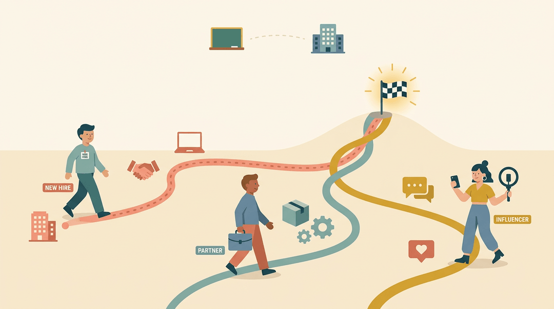 Three diverse paths for new hires, partners, and influencers converge at a shared goal, symbolizing unified learning from classroom to company.
