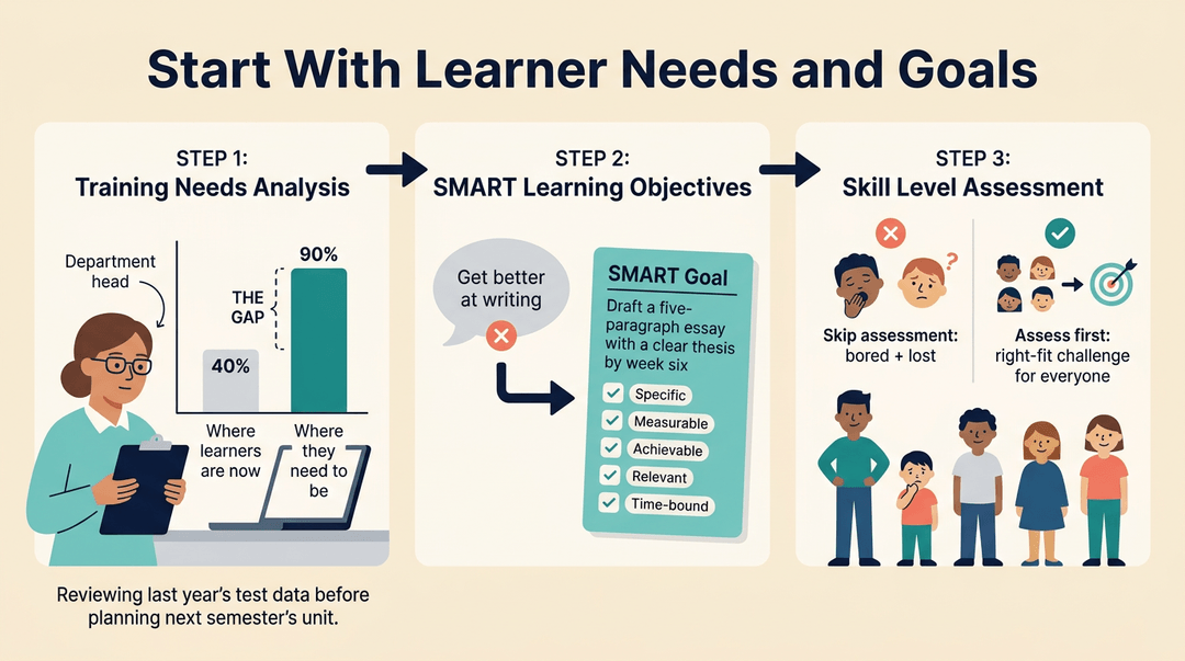 Three-step diagram showing how to start with learner needs by analyzing gaps, setting SMART goals, and assessing skill levels.