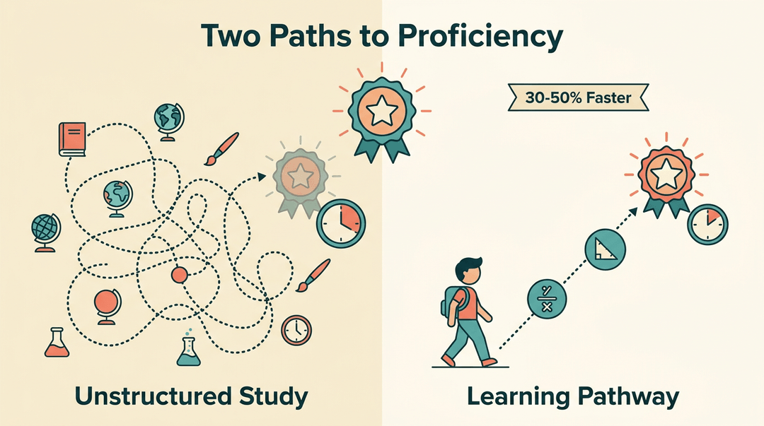 Illustration comparing unstructured study with a direct learning pathway to show efficiency and faster proficiency.