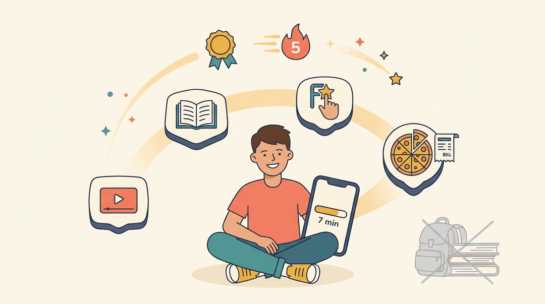Teen student learning on phone during break, with icons showing a bite-sized learning path replacing heavy textbooks.