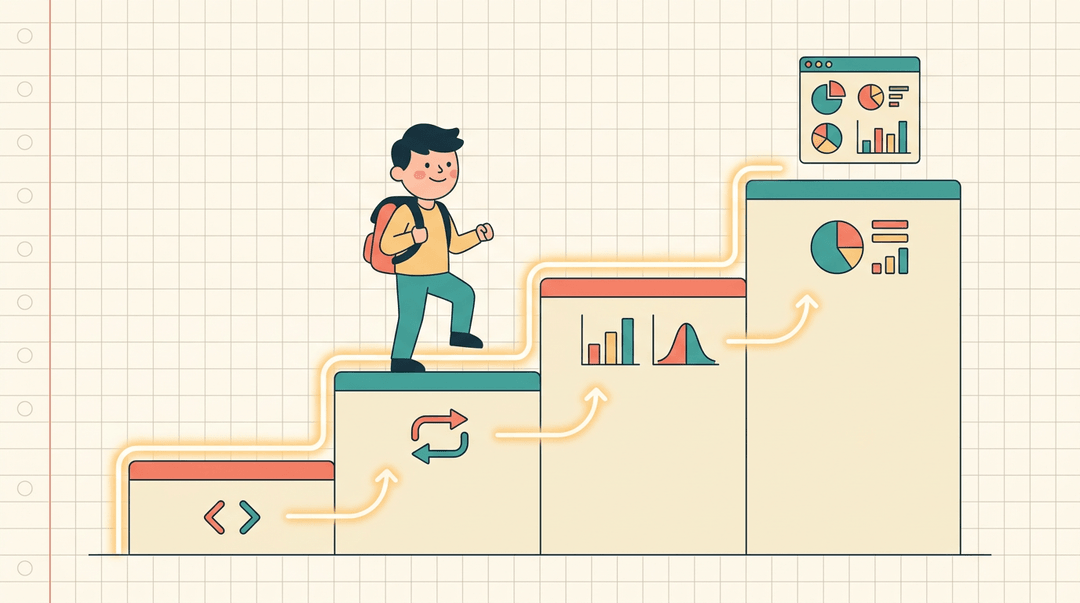 A student climbs a four-step staircase from coding to data visualization, symbolizing progressive learning stages in a classroom setting.