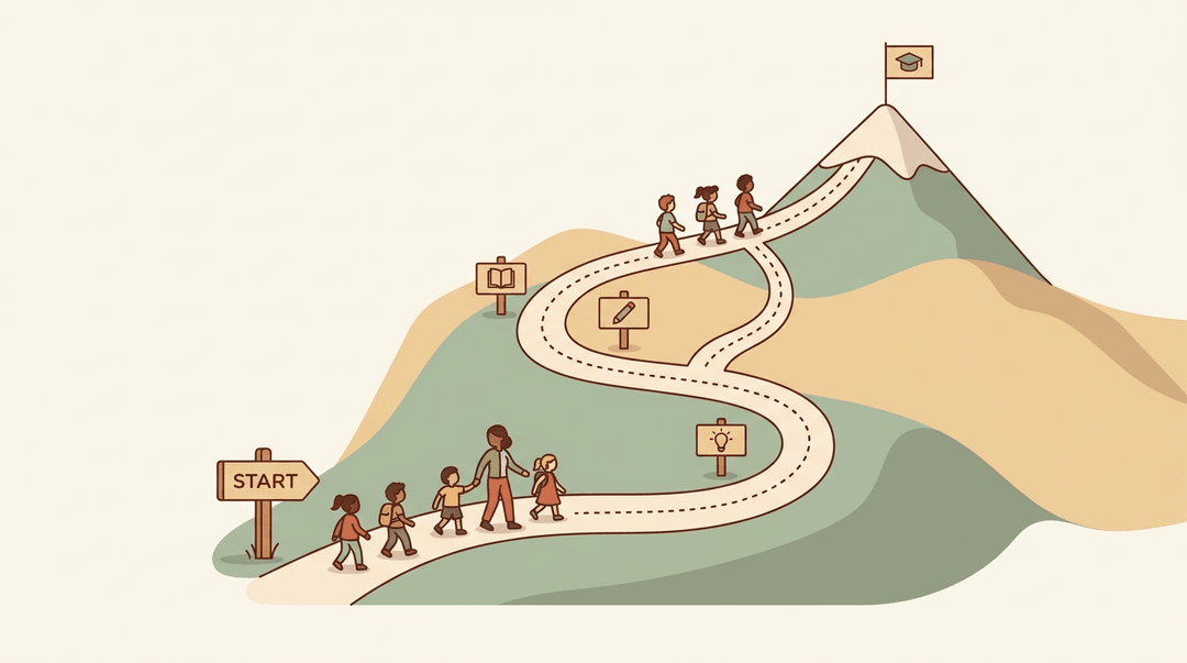 A teacher guides diverse students along a winding trail with checkpoints, symbolizing guided learning progress toward a graduation goal.