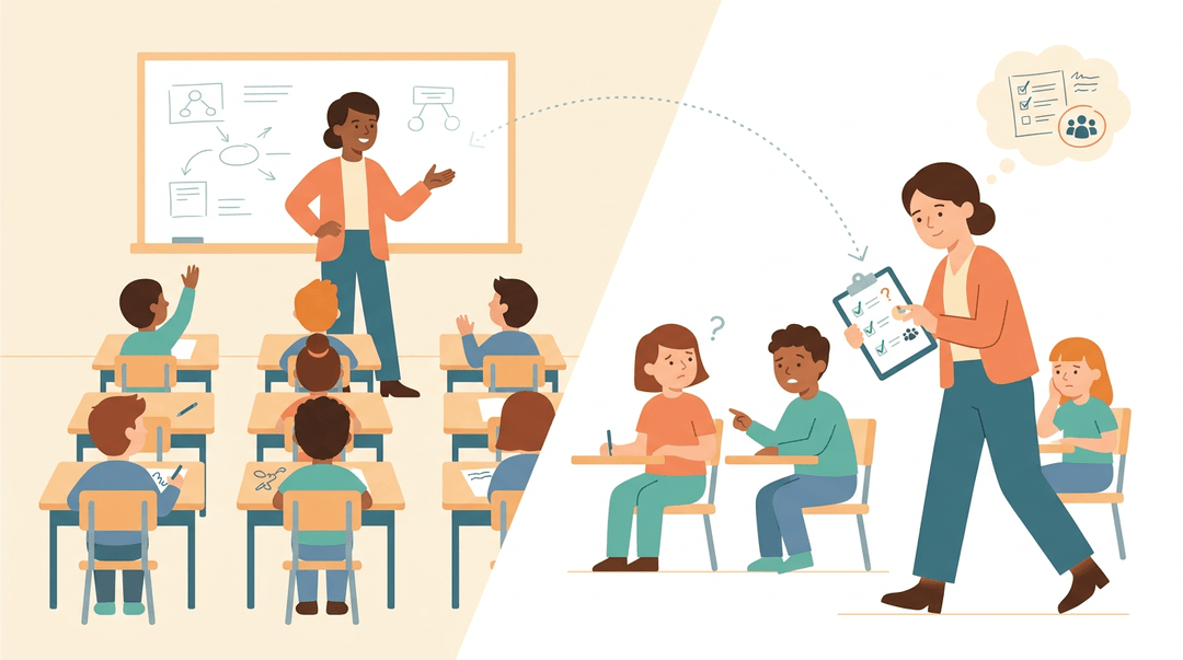 Two teachers in a classroom: one leads while the other observes with data, separated by a fading line suggesting disconnect.