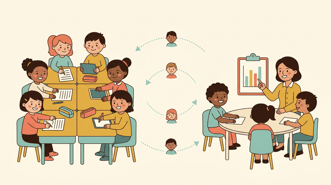 Diverse students work independently while a teacher guides a small group, with arrows showing flexible rotation between the two zones.