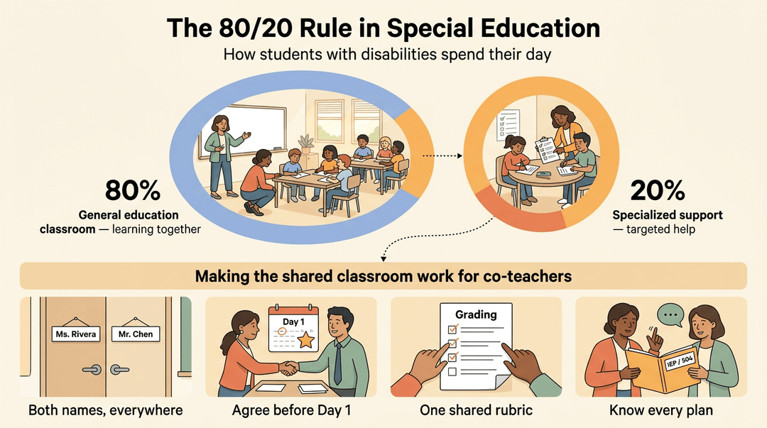 Infographic illustrating the 80/20 rule in special education, showing general classroom time versus specialized support and four co-teaching tips.