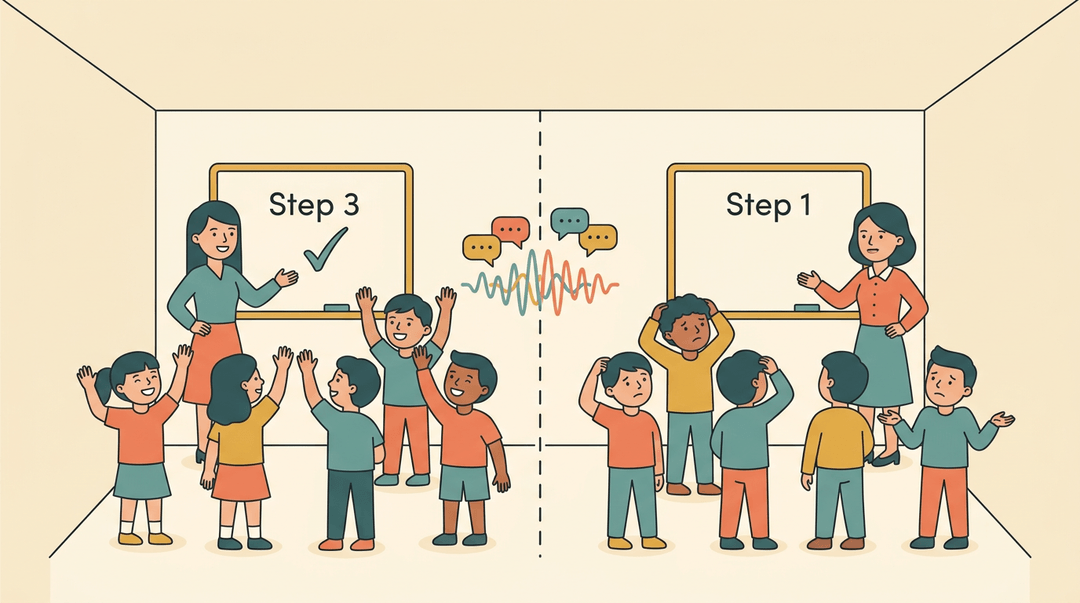 Two teachers in a cramped classroom clash with noise while students finish or wait, illustrating chaotic shared space.