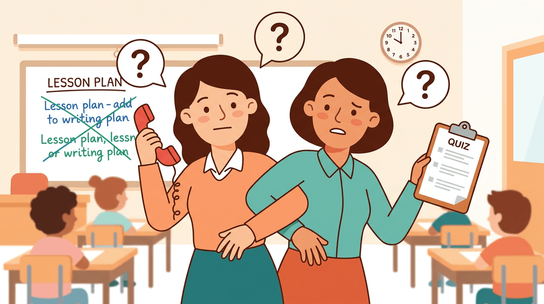 Two co-teachers tangled in confusion, reaching for each other's phone and quiz while question marks float above.
