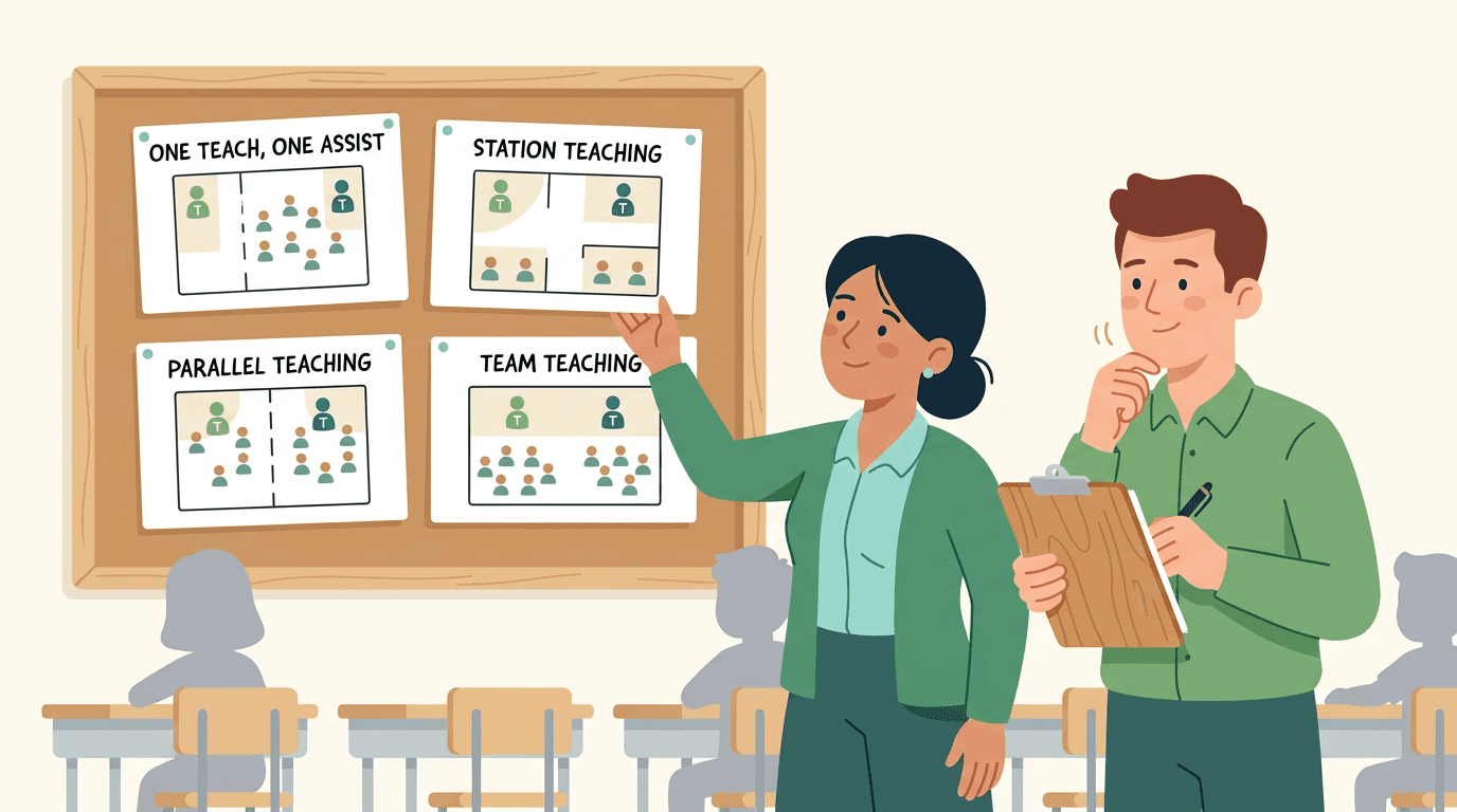 Two teachers review co-teaching floor plans on a corkboard in a classroom.