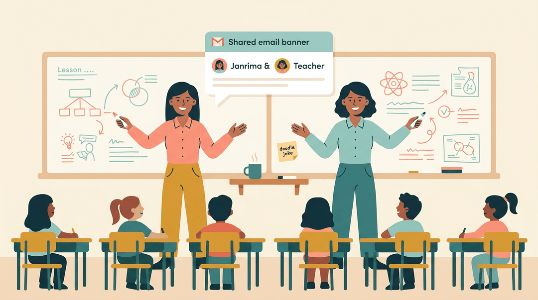 Two equal-height teachers stand side-by-side at a whiteboard, sharing markers and confidence in a symmetrical, inclusive classroom.