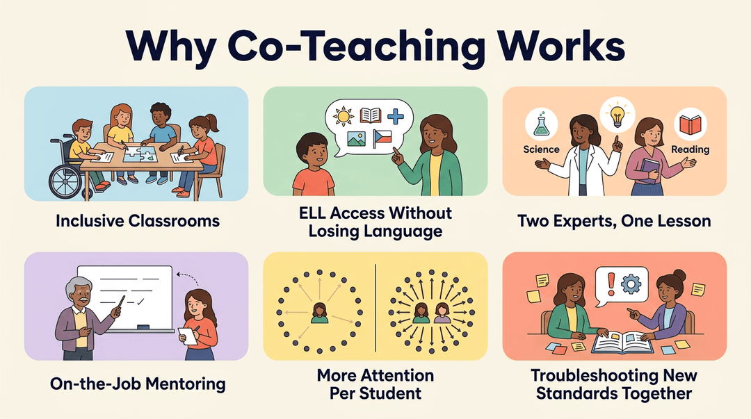 Poster titled 'Why Co-Teaching Works' showing six benefits: inclusive classrooms, ELL access, shared expertise, mentoring, student attention, and standard troubleshooting.