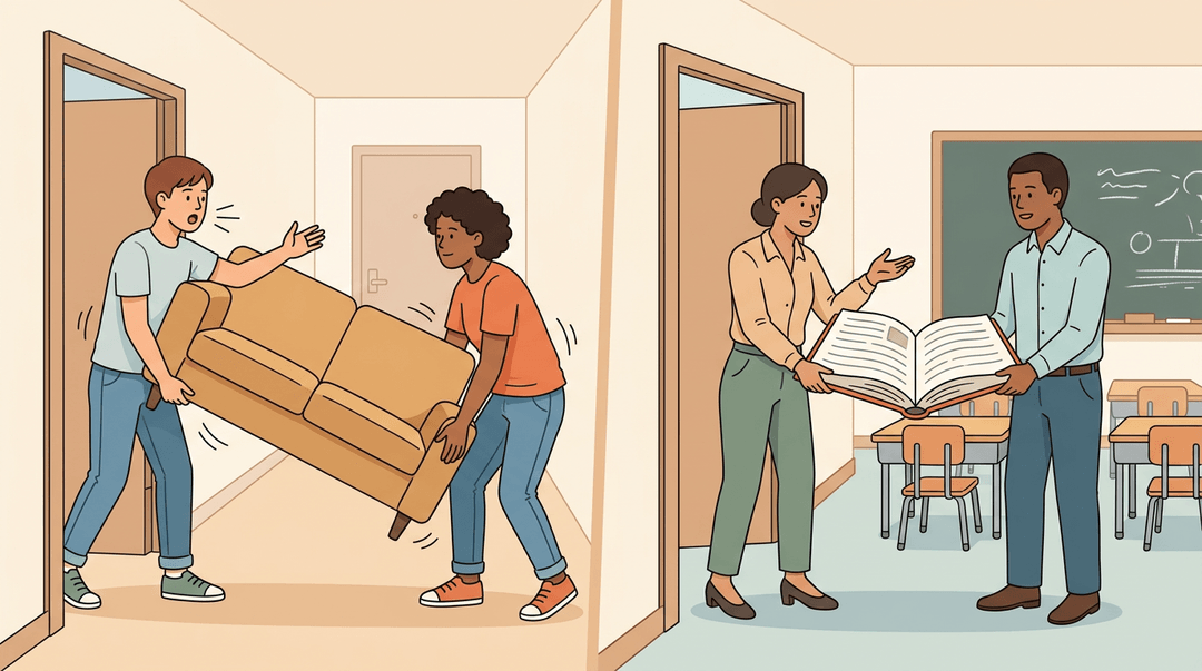 Two movers struggle with a couch while teachers mirror them carrying a book, illustrating co-teaming trust and coordination.