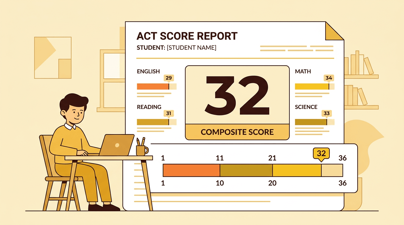 Stylized ACT score sheet with a prominent score of 32, a scoring scale, and a calm student at a desk.