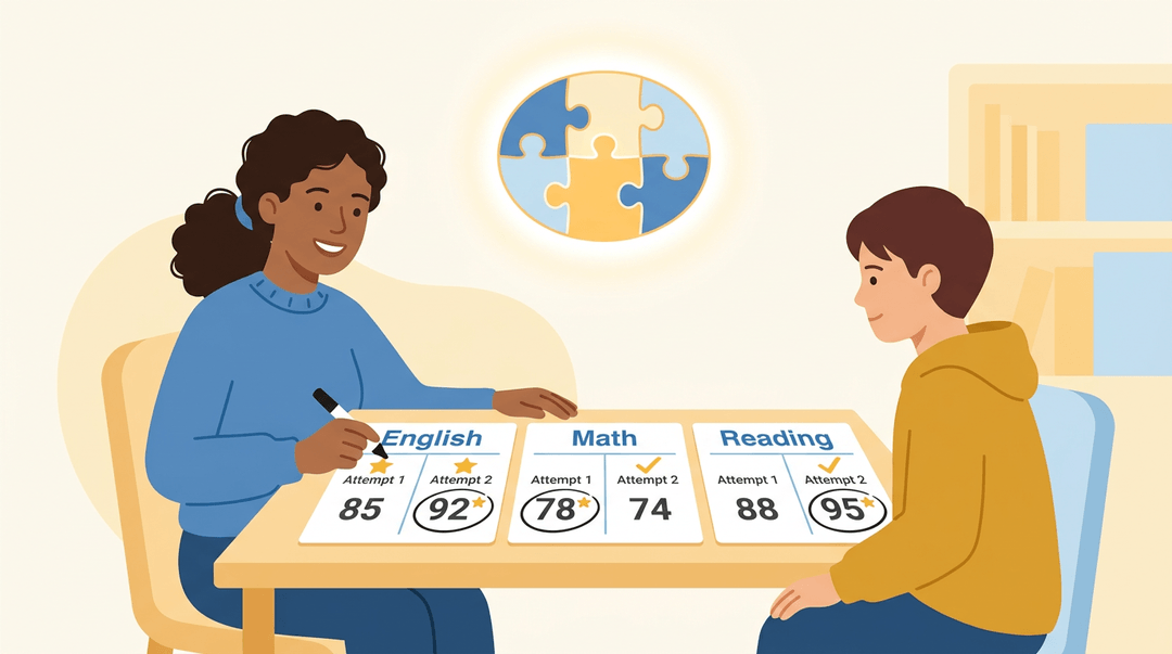 A guidance counselor helps a student review test scores, highlighting top results in different subjects.