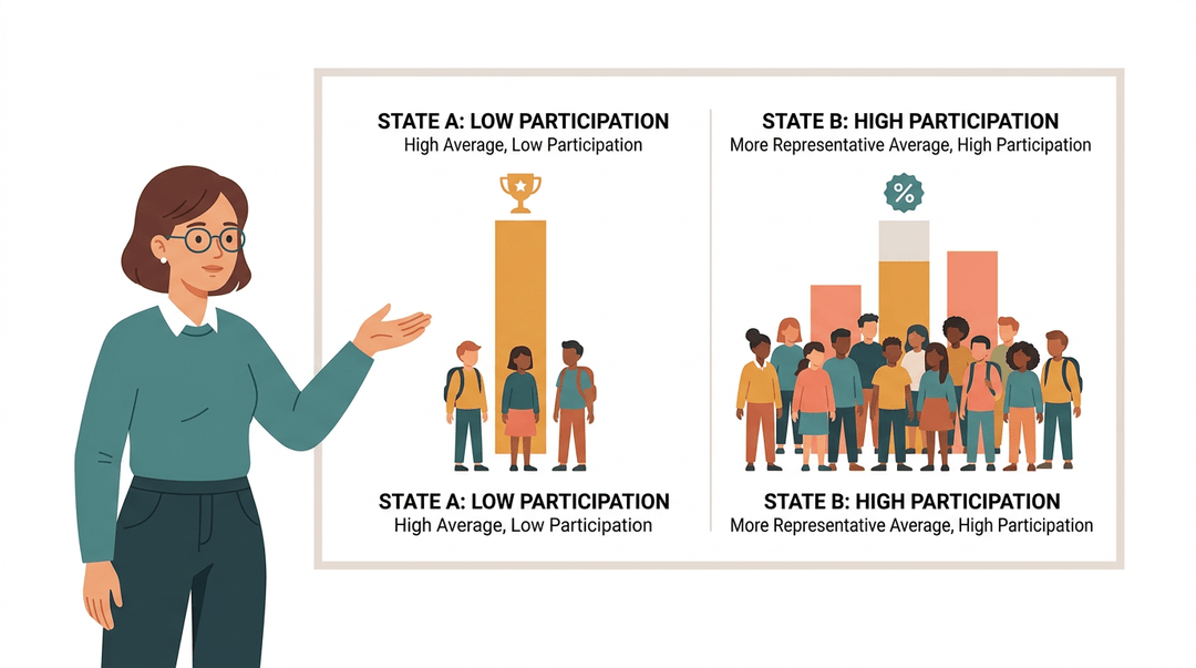 A teacher points to a chart comparing low student participation with a high average to high participation with a lower average.