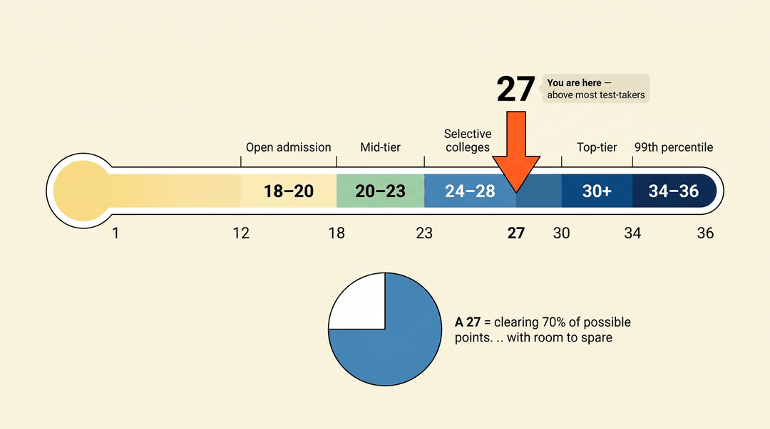 ACT score bar graph from 1-36 with color-coded bands and labels, pointing to 27 as