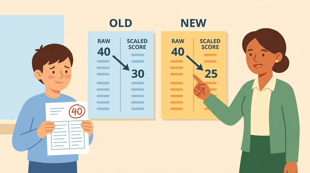 A student holds up a test score of 40 while a teacher points to a conversion chart showing how the same raw score can produce different scaled scores.