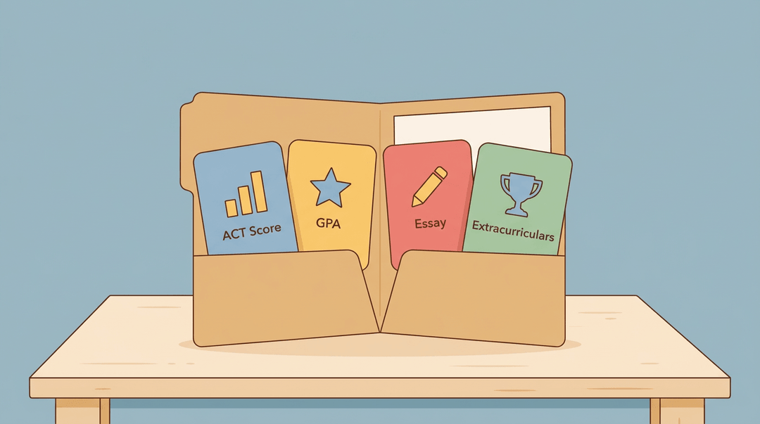 An open admissions folder filled with four equally weighted cards for ACT score, GPA, essay, and extracurriculars.