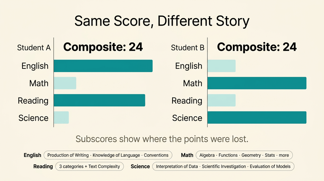 Two horizontal bar charts show how two students can achieve the same ACT composite score of 24 with different subscores.