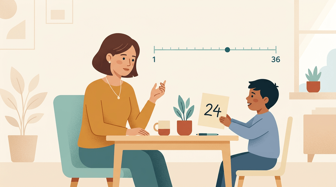 A teacher and student discuss a paper with the number 24 while a number line from 1 to 36 hangs on the wall.