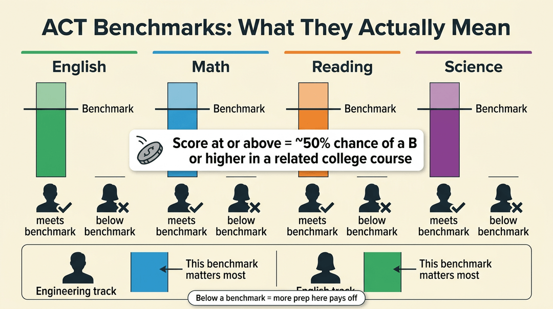 A guide to ACT benchmarks shows how scores predict college course success, with subject-specific advice for different academic tracks.