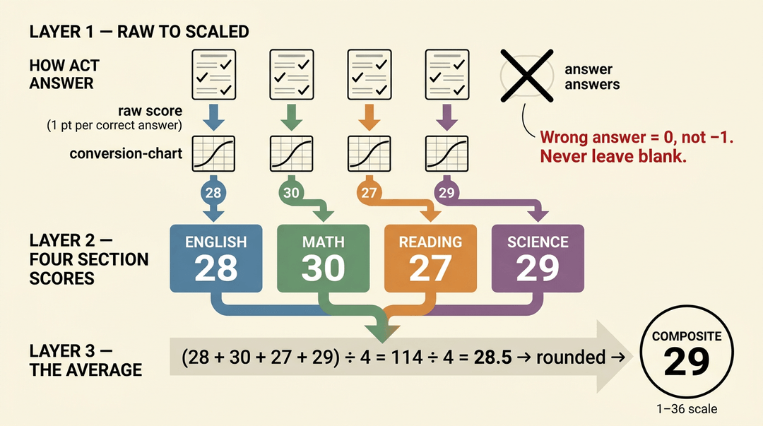 An infographic on a cream background shows how ACT composite scores are calculated, from raw scores to the final average.