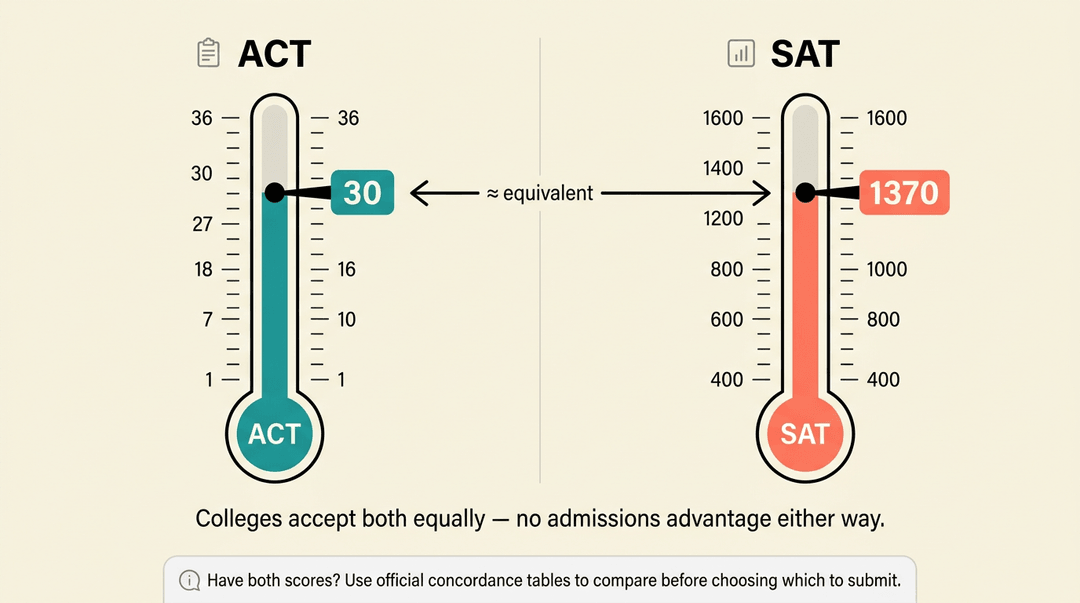 Two gauges labeled ACT and SAT show equivalent scores of 30 and 1370, emphasizing colleges accept both.