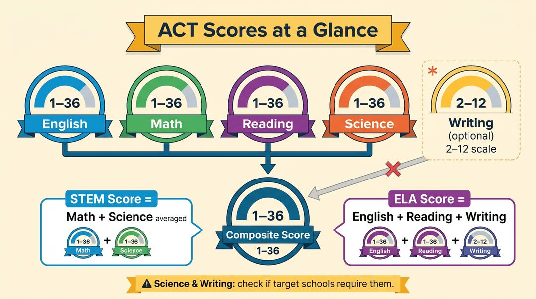 Infographic explaining the ACT scoring structure with sections for English, Math, Reading, Science, Composite, Writing, STEM, and ELA scores.